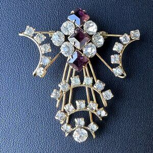 P&F Angel Pendant Brooch 1/20 12 kt GF Purple Amethyst Clear Rhinestone VTG READ